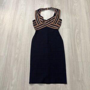 Herve Leger by Max Azria Dress Women Navy Blue Striped Bandage Halter Bodycon XS